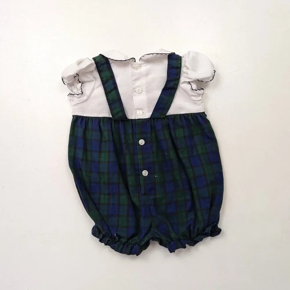 Vintage BT Kids Romper Baby Girls Sz 6-9m Blue Plaid Sheep Bubble Outfit